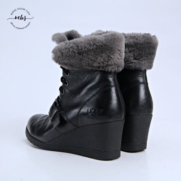UGG Janney Waterproof Fur Wedge Boots Black Women 5 - Picture 5 of 13